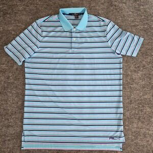 Ralph Lauren RLX Polo Shirt Men Large Blue Striped Short Sleeve Golf Performance